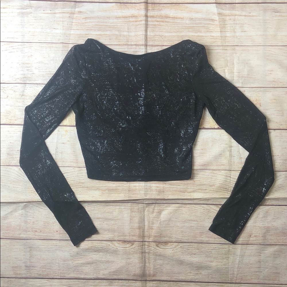 Bershka Sheer Shimmering Black Long Sleeve Crop Top